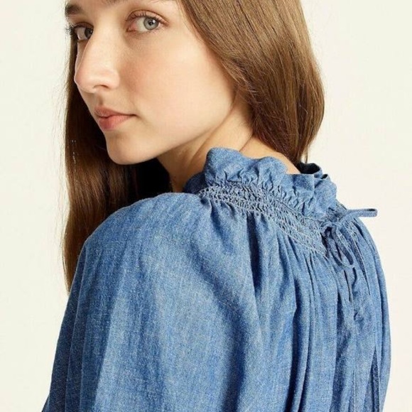 NWT J. Crew Smocked-Neck Puff-Sleeve Chambray Midi Dress - Size M - Picture 2 of 5